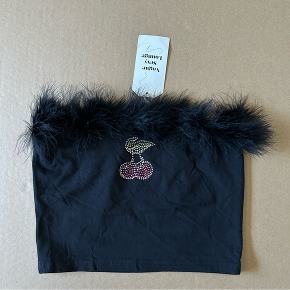 Sexy Tube Top Cropped Sleeveless Bandeau Bedazzled Cherry Print Feather Trim - Picture 2 of 10